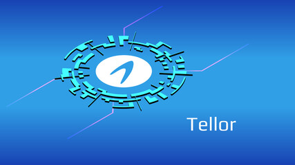 Tellor TRB isometric token symbol of the DeFi project in digital circle on blue background. Cryptocurrency icon. Decentralized finance programs. Vector EPS10.