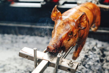 Grilled pig at the street food festival. Roasted pig on the rack.