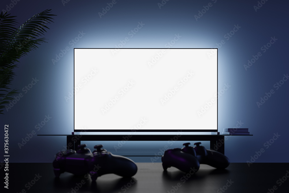 Poster two game controllers in front of a blank white tv screen at night. game console concept, video game 