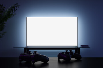 Two game controllers in front of a blank white TV screen at night. Game console concept, video game premiere. Mock Up. 3d rendering © katestudio