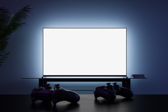 Two game controllers in front of a blank white TV screen at night. Game console concept, video game premiere. Mock Up. 3d rendering