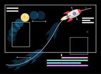Animation designer illustration. Work at new art project. Flat design concept motion graphic, modeling artist job, video effect designer. Illustration with flying space rocket