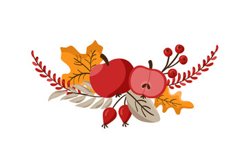 Vector bouquet Autumn wreath design template print with apples, leaves, berries and place for text. October harvest background illustration for Happy Thanksgiving Day. Fall Nature design