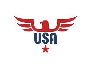 Color illustration of eagle, text and star. Red and blue illustration on a white background. Vector illustration depicts the symbol of the USA. The emblem of freedom and democracy.