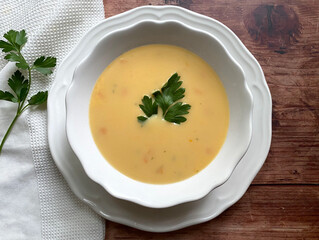 Creamy hokkaido pumpkin soup with pumpkin pieces.