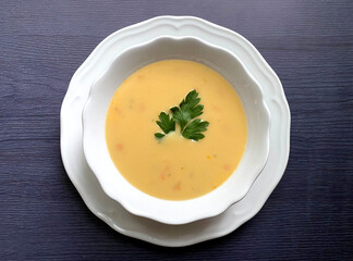 Creamy hokkaido pumpkin soup with pumpkin pieces.