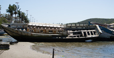 Abandoned and destroyed trawler on the edge of the Itajuru channel in Cabo Frio, RJ
