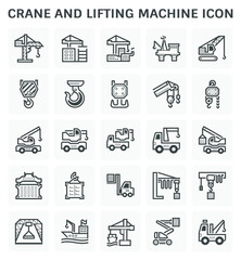 Crane icon or lifting equipment icon such as tower, crawler, mobile, gantry, overhead, jib, winch, etc. That using in construction, transportation, production etc industry. Vector icon design.