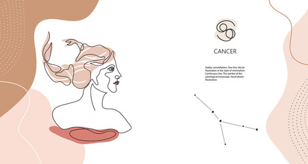 Zodiac background. Cancer constellation. The element of water. Horizontal banner.