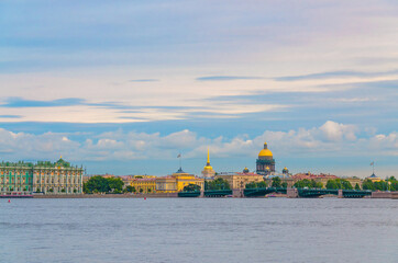 Cityscape of Saint Petersburg Leningrad with Winter Palace, State Hermitage Museum, Admiralty building, Palace Bridge bascule across Neva river, Saint Isaac's Cathedral, Russia