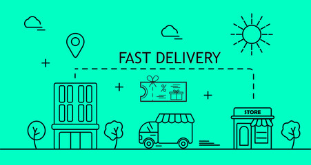 Fast delivery service door to door. Food delivery and online order concept vector for app, web. Van route linear icon from store to hom