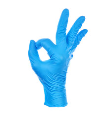 Hand making okay wearing a blue nitrile medical glove symbol.