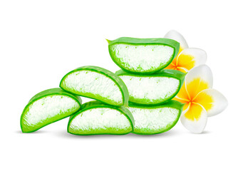 Aloe vera leaves and Plumeria flowers isolated on white background