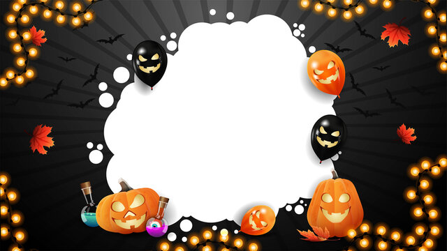 Halloween blank white and black template for your arts with copy space, white spot, pumpkins Jacks, flask of potion, balloons with Jack face and muple leafs