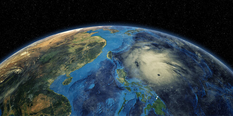 Fototapeta na wymiar Tropical Typhoon Haishen approaching the Philippines. Planet Earth shown from Space. Elements of this 3D rendering are furnished by NASA.