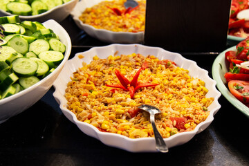 Catering food, salad in a white plate, buffet