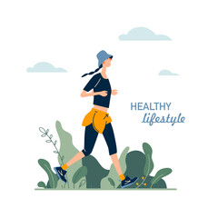 Runners. Young woman running in the park. Healthy, active lifestyle. Flat cartoon vector illustration on white background.