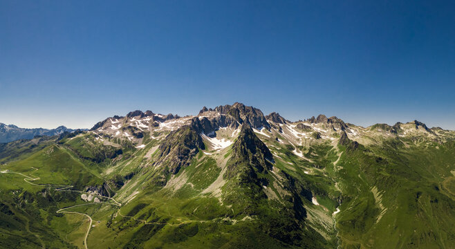 Panoramic drone view of the French Alps in Valmorel France