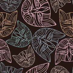 Seamless vector pattern design of lined ornamental abstract cat on dark