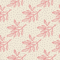 Botanic pink contoured branches seamless pattern. Light background with dots. Creative floral print.