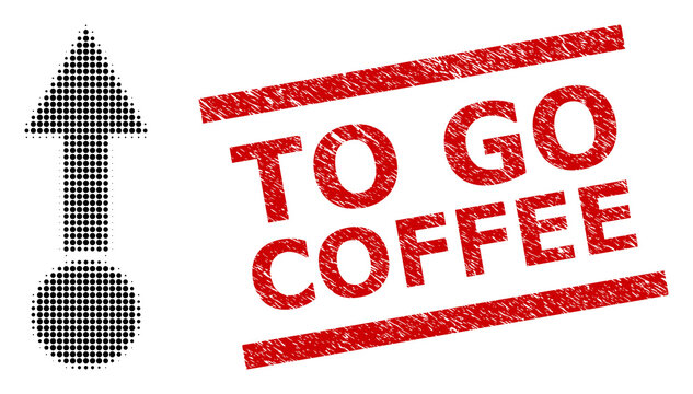 Pull up halftone dotted illustration and To Go Coffee dirty stamp seal. Stamp seal includes To Go Coffee caption between parallel lines.