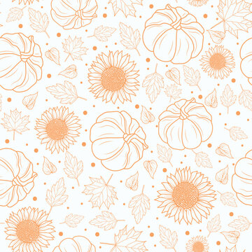 Thanksgiving line art pumpkins, sunflower, leaf seamless pattern on white background design