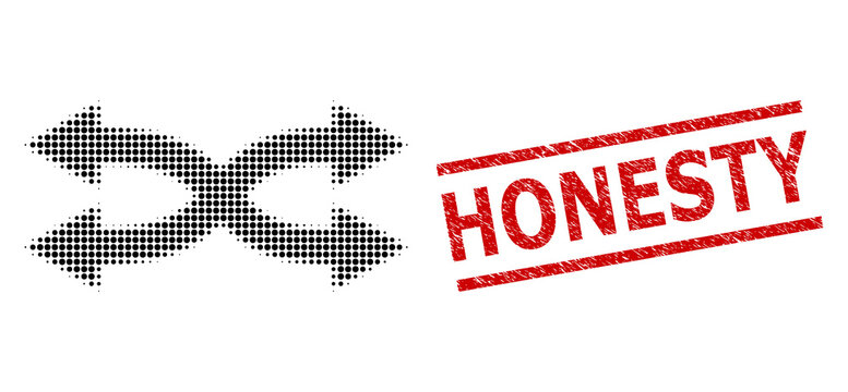 Shuffle arrows horizontal halftone dotted vector and Honesty dirty stamp seal. Stamp seal includes Honesty title between parallel lines.