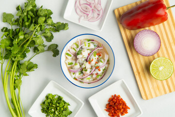 Photo Styling. Delicious ceviche with the ingredients around. 