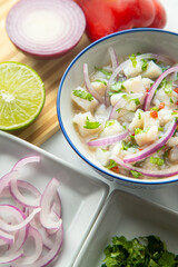 Photo Styling. Delicious ceviche with the ingredients around. 