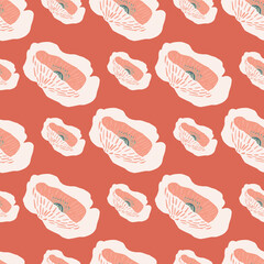 Pastel poppy buds seamless doodle pattern. Hand drawn flowers on light coral background. Simple botanic backdrop.