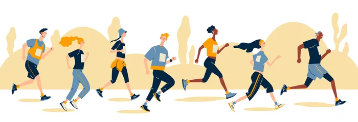 Gardinen Gruppe laufender Männer und Frauen in Sportbekleidung beim Marathonlauf. Marathonlauf, 5-km-Lauf, Sprint. Flache Karikaturillustration auf weißem Hintergrund. Kreative Zielseiten-Designvorlage, Webbanner. © Sanem