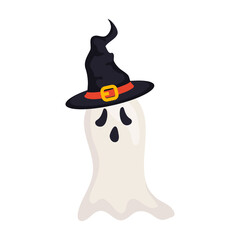 halloween, scary ghost using hat witch in white background vector illustration design