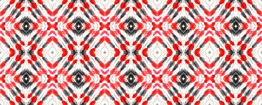 Lombok Textile. Seamless Tie Dye Ornament. Ikat African Motif. Red, Black, White Seamless Texture. Abstract Shibori Motif. Ethnic Lombok Textile Pattern.