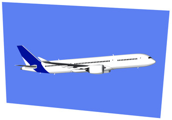 Airbus A350-800. Modern airliner. Commercial jet plane in blue sky. Vector drawing for illustrations.