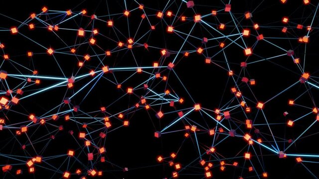3D Animation of connected network nodes  of data units, cloud data or individuals interacting and multiplying.
