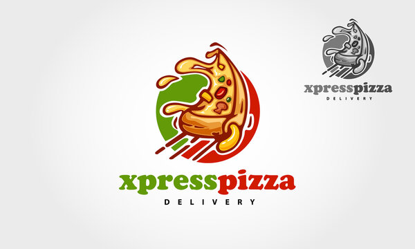 Xpress Pizza Delivery Vector Logo Cartoon. This logo is highly suitable for any pizza related restaurant, fast food, delivery, trattoria, bistro, catering and Italian food related businesses. 