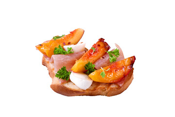 Bruschetta with grilled peaches, prosciutto and mozzarella topped with parsley and cilantro isolated on the white background