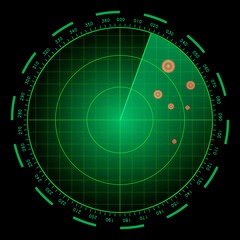 Digital blue realistic radar screen. HUD vector illustration.