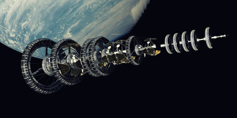 Futuristic Scifi Spaceship travelling into deep space. Extremely detailed and realistic high resolution 3d rendering. Elements of this image have been furnished by NASA. © Sasa Kadrijevic
