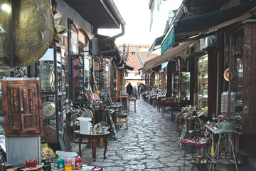 Bascarsija, an oriental bazaar and an old Ottoman historic center of Sarajevo, Bosnia and...