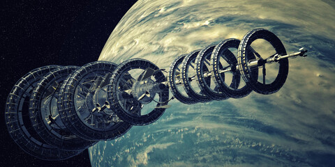 Futuristic Scifi Spaceship travelling into deep space. Extremely detailed and realistic high resolution 3d rendering. Elements of this image have been furnished by NASA. © Sasa Kadrijevic