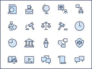 Set of Law and justice Vector Line Icons. Contains such Icons as weapon, arrest, authority, courthouse, gavel, legal, weapon and more. Editable stroke. 32x32 Pixels