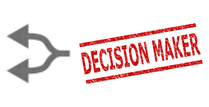 Split arrows left halftone dotted vector and Decision Maker corroded stamp. Seal includes Decision Maker caption between parallel lines.