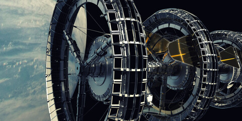 Futuristic Scifi Spaceship travelling into deep space. Extremely detailed and realistic high resolution 3d rendering. Elements of this image have been furnished by NASA. © Sasa Kadrijevic