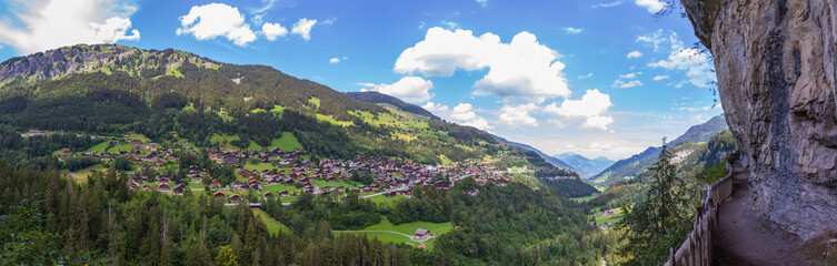 Fototapeta na wymiar Galerie Défago and village of Champery, Valais canton, Swiss alps, Switzerland