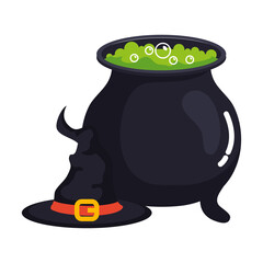 halloween, cauldron and hat witch on white background vector illustration design