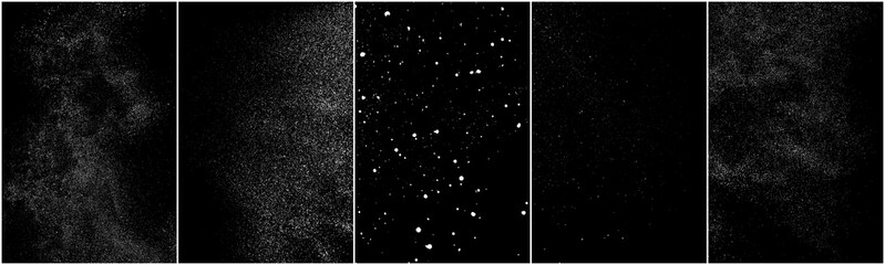 Set of distressed white grainy texture. Dust overlay textured. Grain noise particles. Snow effects pack. Rusted black background. Vector illustration, EPS 10.   