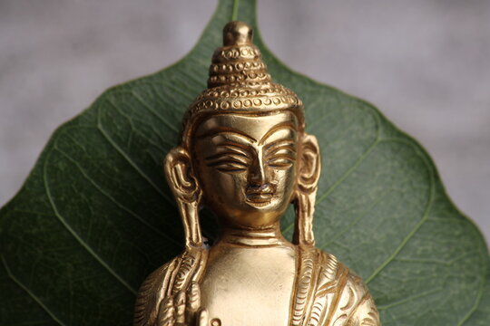 Gautama Buddha statue against the background of the pipal leaf