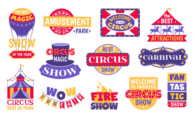Set of circus vintage labels, emblems, badges and logos isolated on white background vector illustrations. Carnival, magic show, attraction, amusement park and circus festival retro style banners.