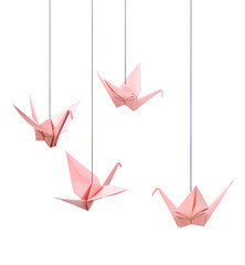 origami pink bird paper on white background